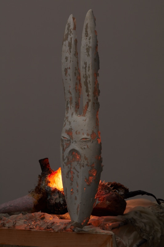 Catalina Ouyang,&nbsp;Happening, 2022, detail, burned fabric, resin, steel, wood, angle grinder, beeswax, found textiles, epoxy clay, wire mesh, plaster, papier mache, light, horse hair, turtle shell,&nbsp;44 7/8 x 31 x 28 3/4 in (114 x 78.7 x 73 cm)