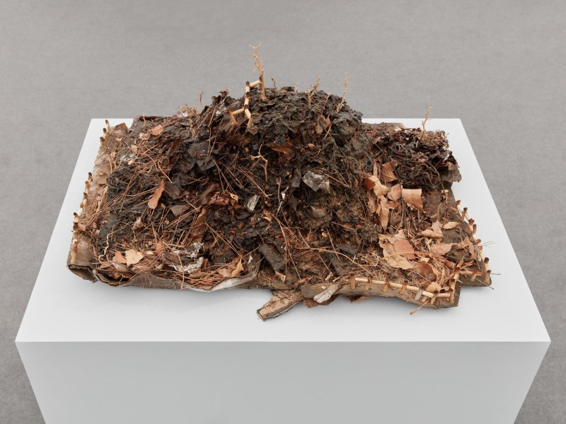 Elephant Hill, 2023,&nbsp;wax, paper, cardboard, leaves, cannabis stems, oil pastel, tinfoil,&nbsp;14 x 28 x 21 in (35.6 x 71.1 x 53.3 cm)