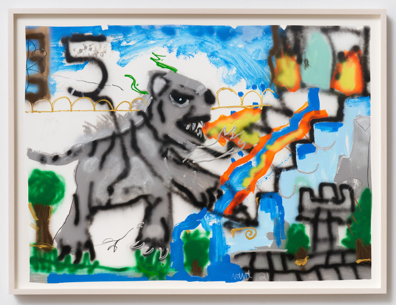 Robert Nava, &quot;Tiger 5, Ice Mansion&quot;, 2021, acrylic, oil stick, crayons, grease pencil on paper 60 x 81 in (152.4 x 205.7 cm)