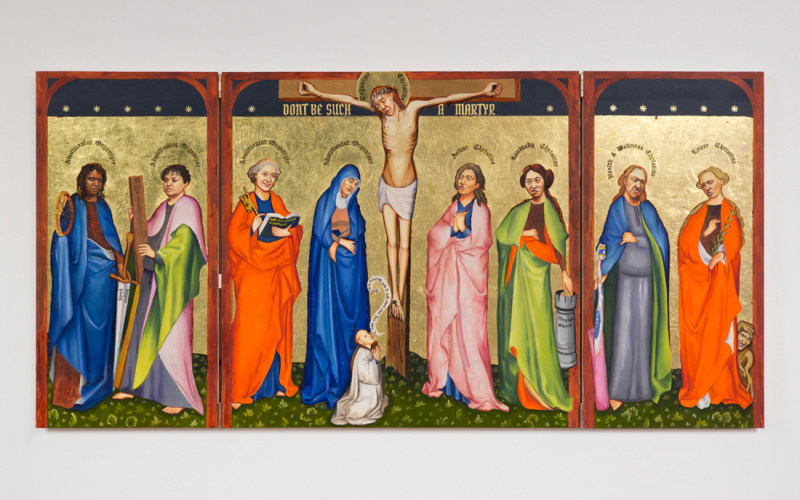 Christine Tien Wang, &ldquo;Crucifixion (Don't Be Such a Martyr),&rdquo; 2016, oil and gold leaf on wood panel, 24 x 48 in (61 x 121.9 cm)