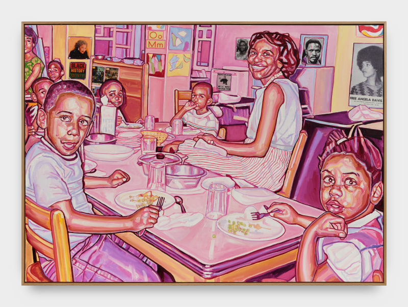 Esiri Erheriene-Essi, &quot;E is for Everybody&quot;, 2023, oil, ink and xerox transfer on linen, 56 x 78 1/4 x 2 1/4 in (142.2 x 198.8 x 5.7 cm)