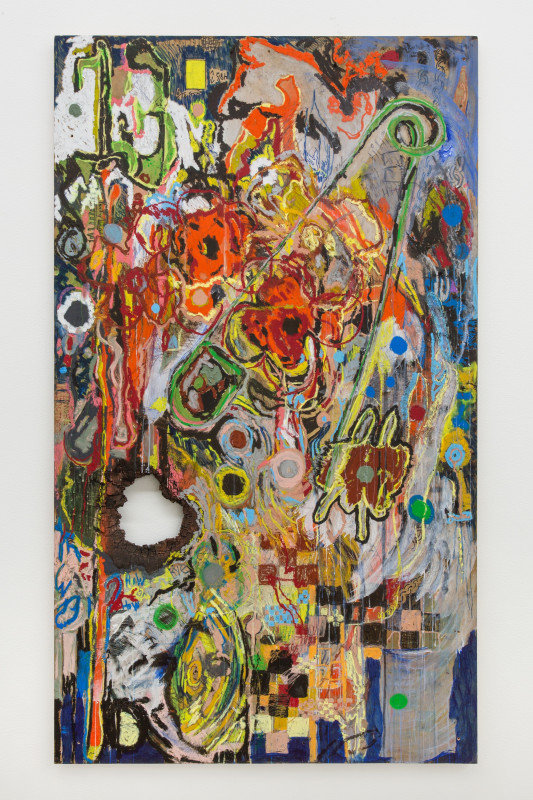13 More Outdoor, 2020,&nbsp;oil pastel, acrylic, marker, pen, and pencil on charred panel,&nbsp;82 x 48 in (208.2 x 121.9 cm)