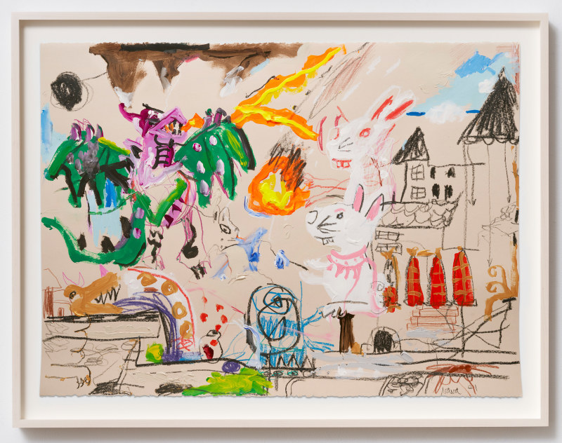 Robert Nava, &quot;Offering During The Battle,&quot; 2021, acrylic, crayon, and grease pencil on paper, 22 1/4 x 30 in (56.5 x 76.2 cm)