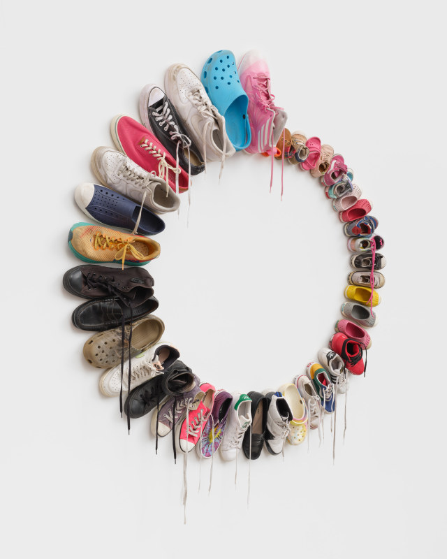 Wormhole, 2023, shoes, 53 x 60 x 8 in (134.6 x 152.4 x 20.3 cm)