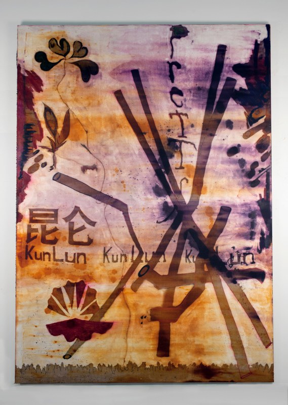 Pretty KunLun, 2015, sharpie, spray paint and wax transfer on canvas, 84 x 60 in (213.4 x 152.40 cm)