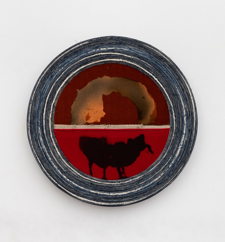 Elaine Stocki, &quot;Janus/S&quot;, 2024, watercolor on velvet, linen and wrapped denim surround, 22 1/2 x 22 1/2 in (57.1 x 57.1 cm)