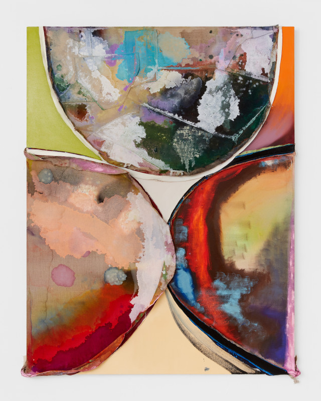 Elaine Stocki, &quot;Three Curves Hourglass,&quot; 2022, watercolor and oil on pieced linen and canvas, 65 x 50 in (165.1 x 127 cm)