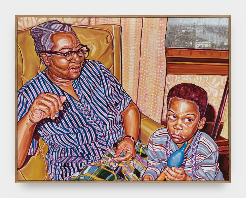 Esiri Erheriene-Essi, &quot;Grandma&rsquo;s Hands&quot;, 2025, oil, ink and xerox transfer on linen, 54 1/2 x 70 1/2 x 2 1/4 in (138.4 x 179.1 x 5.7 cm)