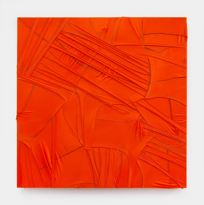 CAMOUFLAGE #070 (Fanta), 2021,&nbsp;durags and acrylic on wood panel,&nbsp;48 x 48 in (121.9 x 121.9 cm)