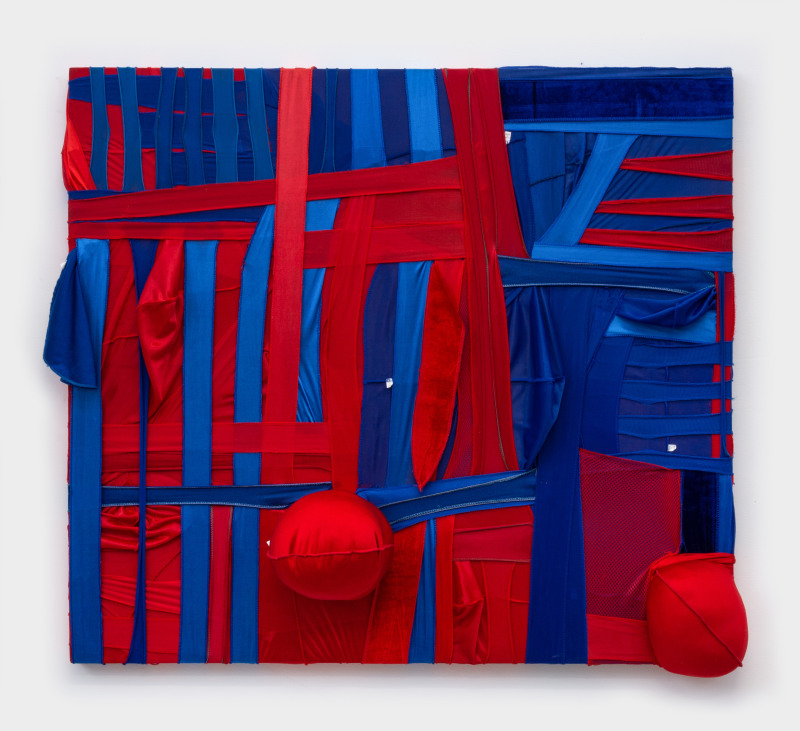 CAMOUFLAGE #08 (PUNCH OUT), 2021,&nbsp;durags and acrylic on wood panel,&nbsp;37 x 42 x 9 in (94 x 106.7 x 22.9 cm)
