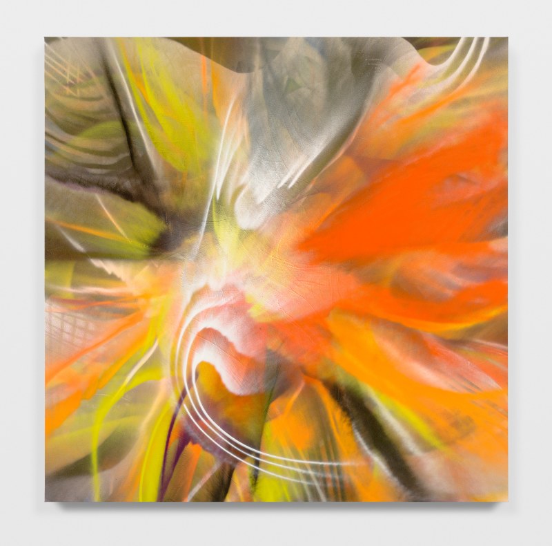 A large-scale, square abstract painting showing swooping lines of spray paint in orange, yellow, black, and white
