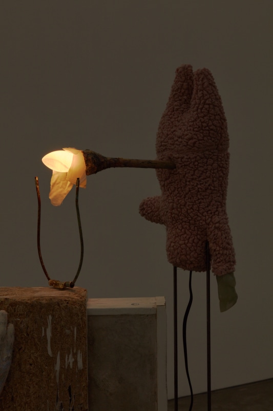 Catalina Ouyang, &quot;Lucretia&rsquo;s Apostrophe&quot;, 2022, detail, found drawers, cement, steel, horse femur, polyester fleece, walnut, light, found fabric, carved soapstone, carved maple, papier mache, beeswax, acrylic, copper, 61 1/2 x 32 x 24 in (156.2 x 81.3 x 61 cm)