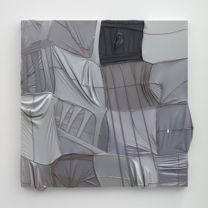 CAMOUFLAGE #075 (Macintosh), 2021,&nbsp;durags and acrylic on wood panel,&nbsp;48 1/2 x 50 in (123.2 x 127 cm)