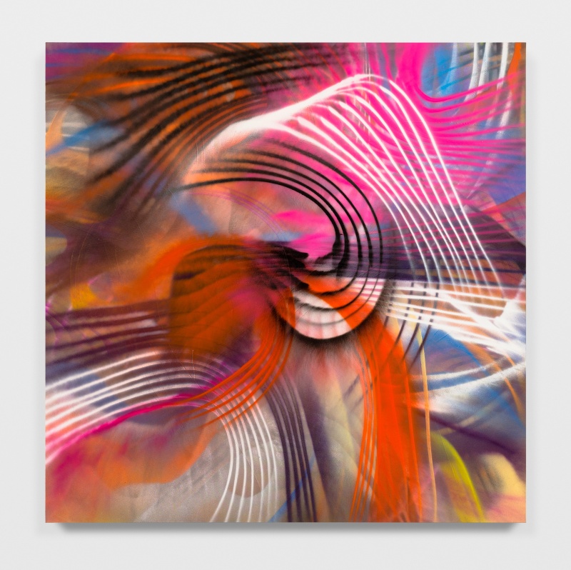 A large-scale, square abstract painting showing arching, swooping lines of spray paint in shades of black, pink, purple, orange, blue, and yellow
