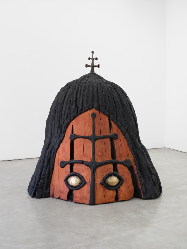 Dan John Anderson, &quot;Terra Seer&quot;, 2025, redwood, stained glass, and aluminum, 75 x 71 x 65 in (190.5 x 180.3 x 165.1 cm)