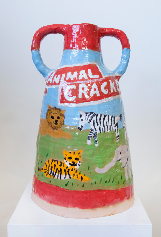 Grant Levy-Lucero,&nbsp;&quot;F &amp; R Discount Store Animal Crackers&quot;, 2018, stoneware and glaze,&nbsp;22 x 13 x 13 1/5 in (55.9 x 33 x 33.5 cm)