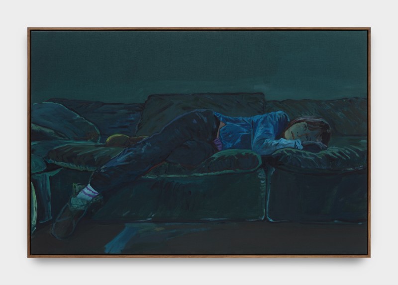 Claire Tabouret, &quot;Self-Portrait on the Couch at Night&quot;, 2025, acrylic on canvas, 49 1/4 x 73 1/4 x 2 1/4 in (125.1 x 186.1 x 5.7 cm)