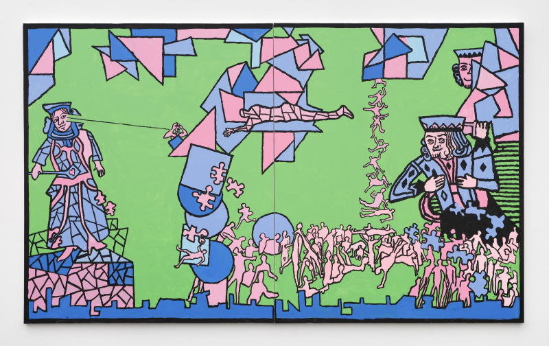 Derek Boshier,&nbsp;&quot;Strange Lands: The Game&quot;, 2024,&nbsp;acrylic on canvas,&nbsp;60 x 120 in (152.4 x 304.8 cm)
