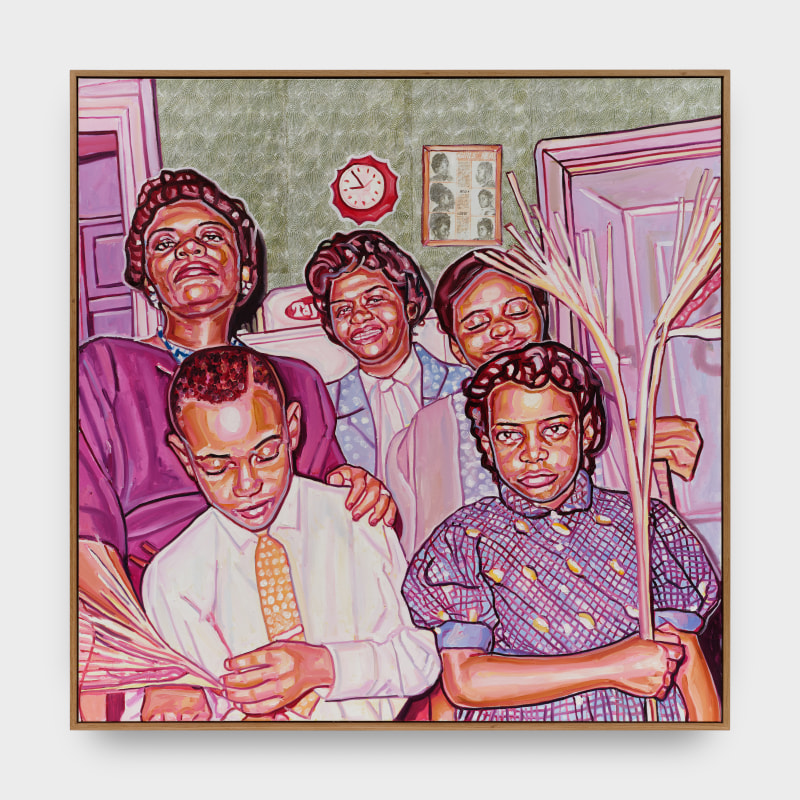 Esiri Erheriene-Essi, &quot;As my grandma always used to say, don't go borrowing trouble&quot;, 2023, oil, ink, and xerox transfer on linen, 54 1/2 x 54 1/2 x 2 1/4 in (138.4 x 138.4 x 5.7 cm)