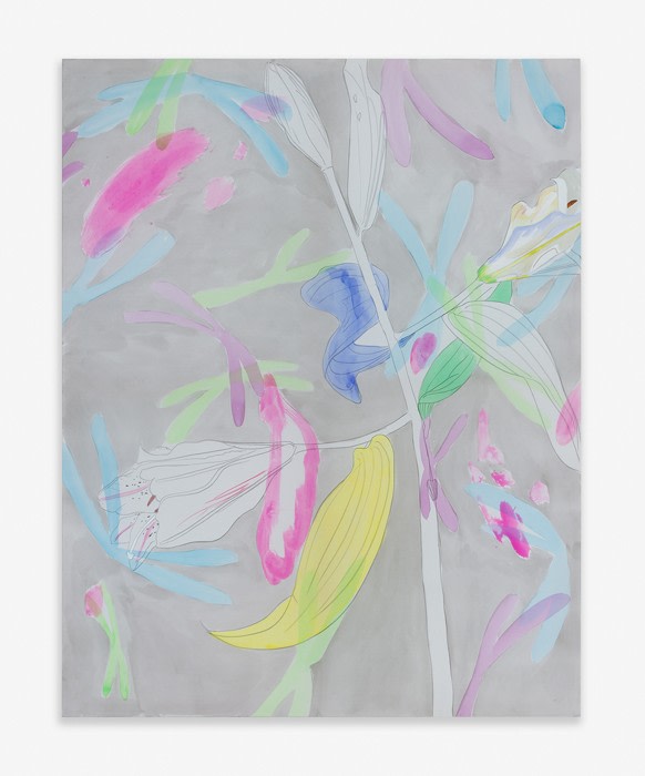Paul Heyer, &quot;Lilies and Chromosomes (Silver)&quot;, 2015, oil, acrylic, and sumi ink on silk, 48 x 38 in (121.9 x 96.5 cm)
