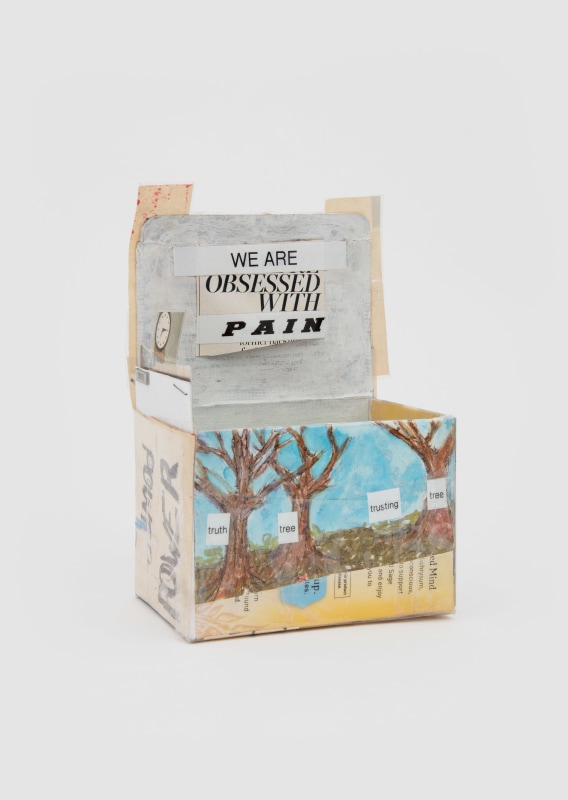 Marisa Takal, &quot;We are Obsessed with Pain,&quot; 2021, paper, watercolor, pencil, marker, pen, colored pencil, packing tape, adhesive label on tea box, 6 3/4 x 4 1/2 x 3 in (17.1 x 11.4 x 7.6 cm)