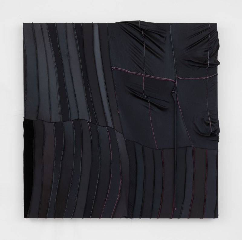 Anthony Olubunmi Akinbola, &quot;Metro #1&quot;, 2024, durags on wooden panel, 48 x 48 x 3 in (121.9 x 121.9 x 7.6 cm)