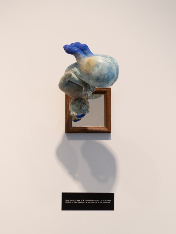 Catalina Ouyang,&nbsp;pronoun of love (WHAT WILL I CARE FOR GODS OR DEVILS OR FOR FATE ITSELF.), 2021, puppy skull, epoxy clay, polymer clay, paper pulp, shellac, pigment, beeswax, horse hair, copper, wooden mirror, engraved plastic, text from Wide Sargasso Sea (Jean Rhys, 1966), 18 x 6 x 9 1/2 in (45.7 x 15.2 x 24.1 cm)