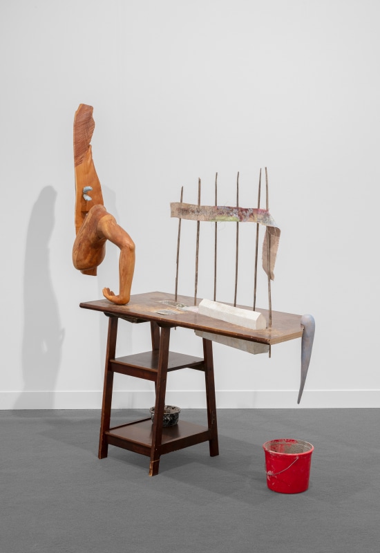 Catalina Ouyang, Untitled, 2024, cedar, hedge wood, maple, soapstone, sheetrock, aluminum, acrylic gel transfer, found desk, wire mesh, rice paper, PVA, textile, studio detritus, hardware, oil, acrylic, and graphite on linen, 68 x 20 x 46 in (172.7 x 50.8 x 116.8 cm)