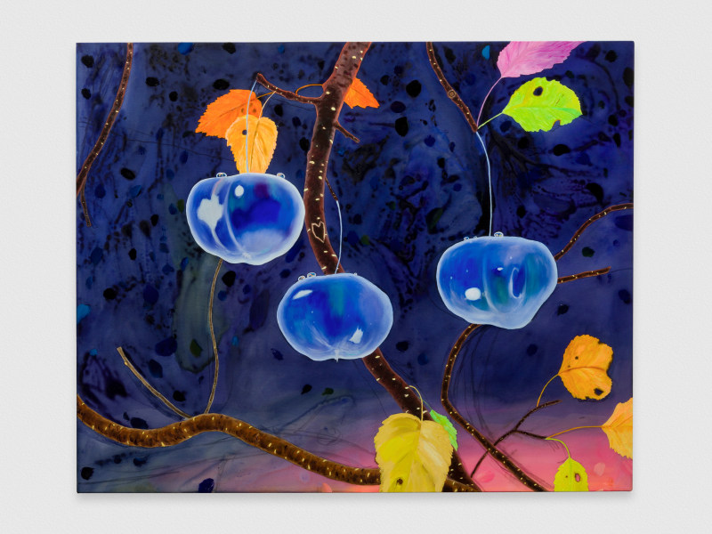 Paul Heyer, &quot;Blue Apples at Night,&quot; 2020, oil and acrylic on polyester, 24 1/4 x 30 in (61.6 x 76.2 cm)