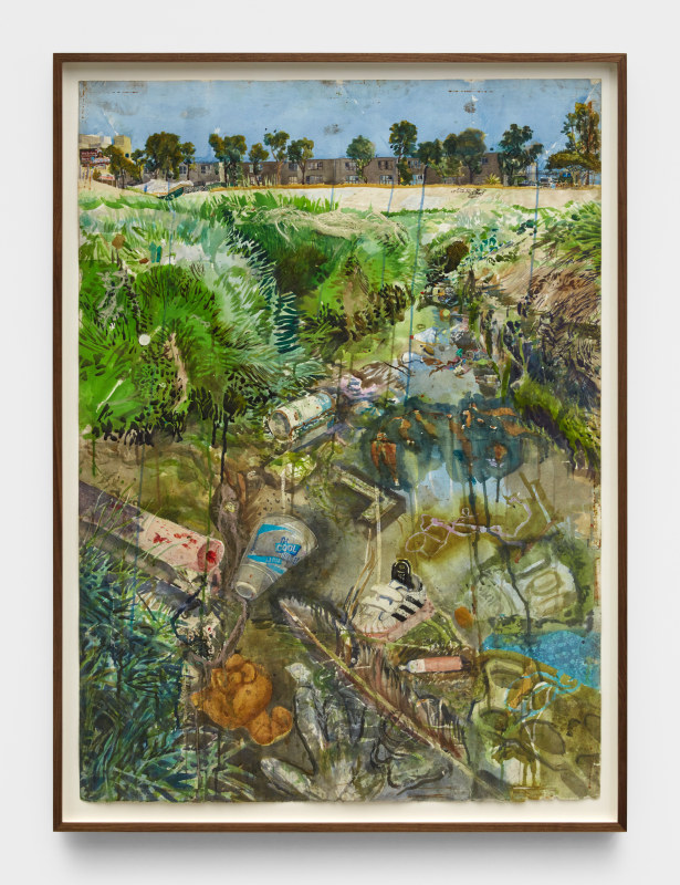 Sterling Wells, &quot;Ballona Creek 2 (Hello Kitty/You Belong Here/End Plastic Waste),&quot; 2022, watercolor on paper, 44 x 32 in (111.76 x 81.28 cm)