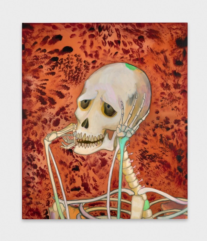 Paul Heyer, &quot;Skeleton Daydreaming,&quot; 2018, acrylic and ink on silk, 32 x 27 in (81.3 x 68.6 cm)
