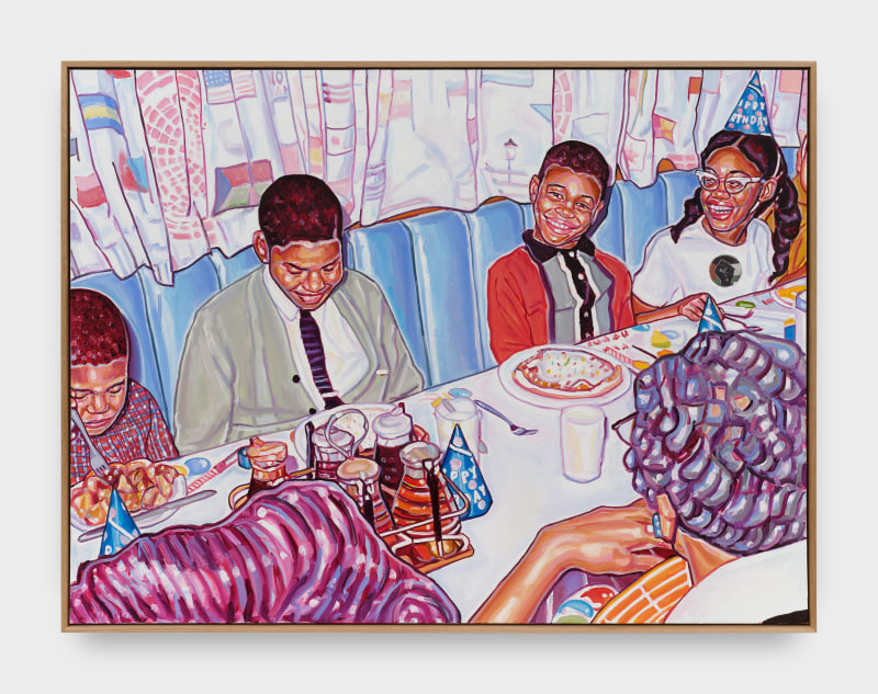 Esiri Erheriene-Essi, &quot;The Icing on the Cake&quot;, 2025, ink and xerox transfer on linen, 51 1/2 x 68 x 2 1/4 in (130.8 x 172.7 x 5.7 cm)