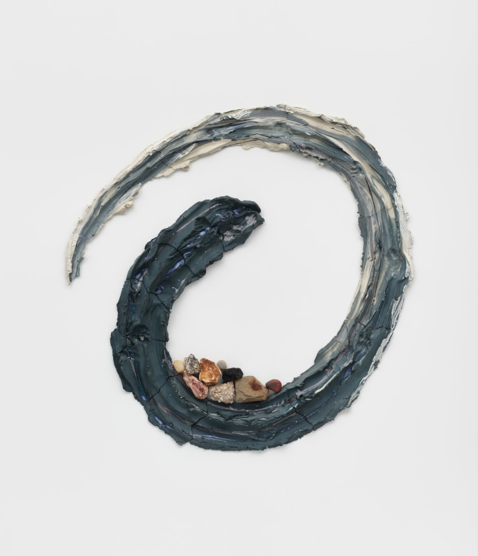Brie Ruais, &quot;Holding on to what is Tumbling, 130lbs (Black)&quot;, 2022, pigmented stoneware, glaze, hardware, found rocks, 64 x 62 x 3 in (162.6 x 157.5 x 7.6 cm)
