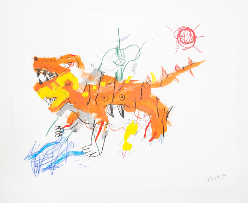 Robert Nava, &quot;Tiger Water Maker Jaguar&quot;, 2019, crayon, grease pencil, and pencil on paper, 19 x 24 in (48.3 x 61 cm)