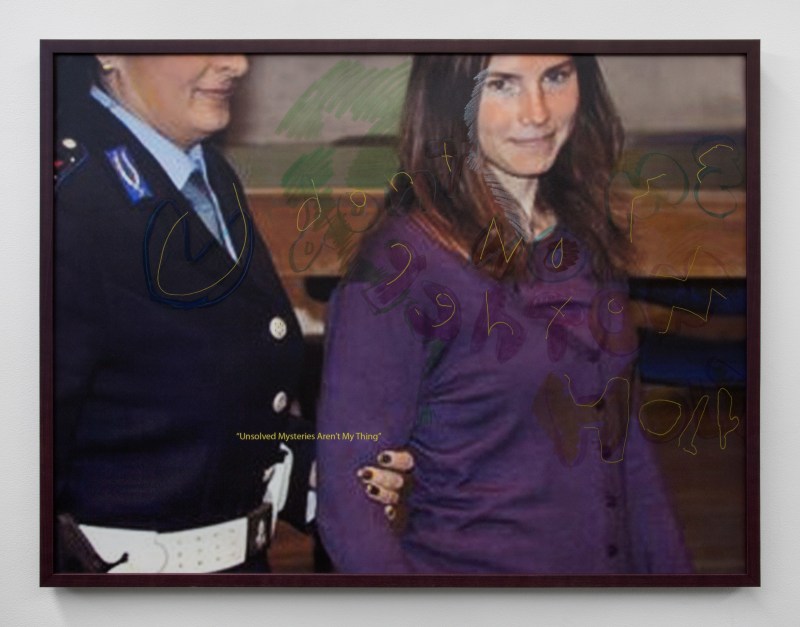Cara Benedetto,&nbsp;&quot;TV Painting (Amanda),&quot; 2020,&nbsp;digital print on canvas, oil pastel, and marker in Purple Heart wood artist frame,&nbsp;31 x 41 x 1 1/2 in (78.7 x 104.1 x 3.8 cm)