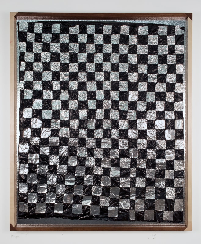 TBCF 1, 2015,&nbsp;aluminum tape on garbage bag, sharpie, walnut and maple frame,&nbsp;43 x 36 in (109 x 91.4 cm)