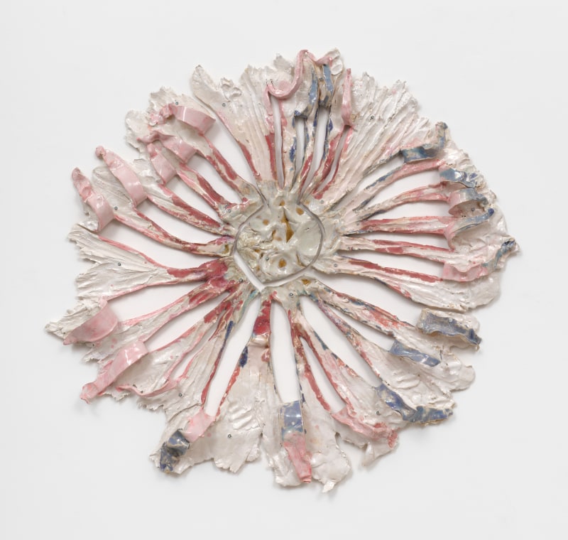 Brie Ruais, &quot;Model for Piercing Petals&quot;, 2024, glazed stoneware, hardware, 38 x 40 x 3 in (96.5 x 101.6 x 7.6 cm)