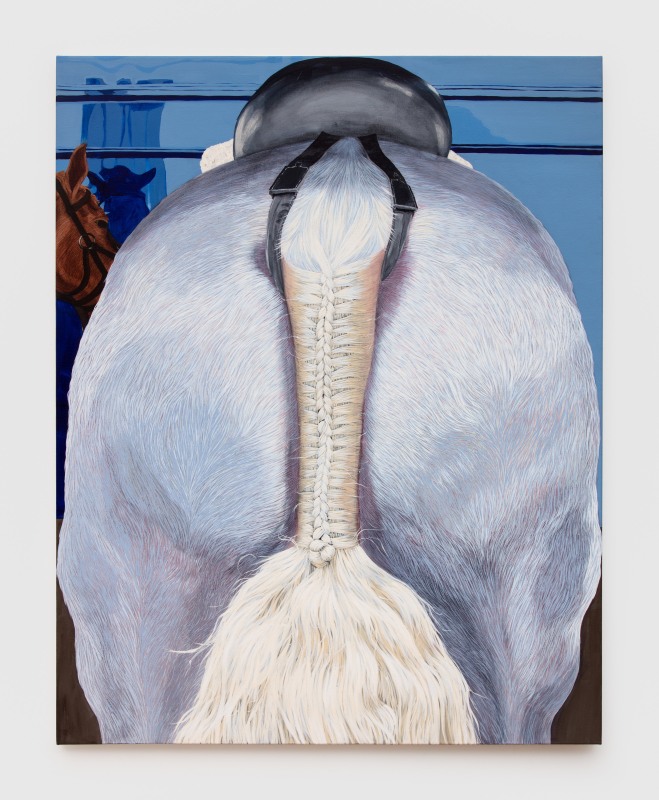 Sarah Miska, &quot;White Horse and Saddle,&quot; 2021, acrylic on canvas, 60 x 48 in (152.4 x 121.9 cm)