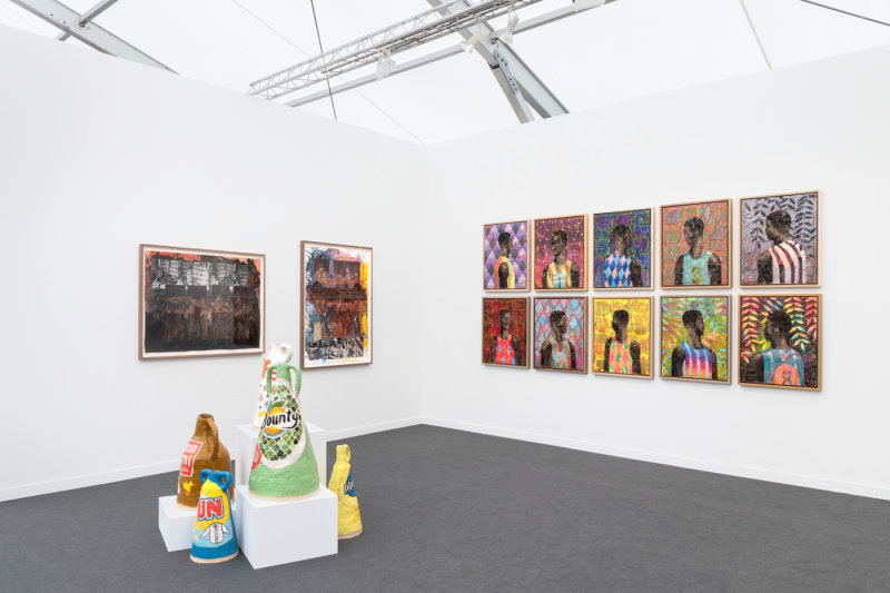 Installation view at Frieze New York, 2019, alongside Derek Fordjour and Grant Levy-Lucero.