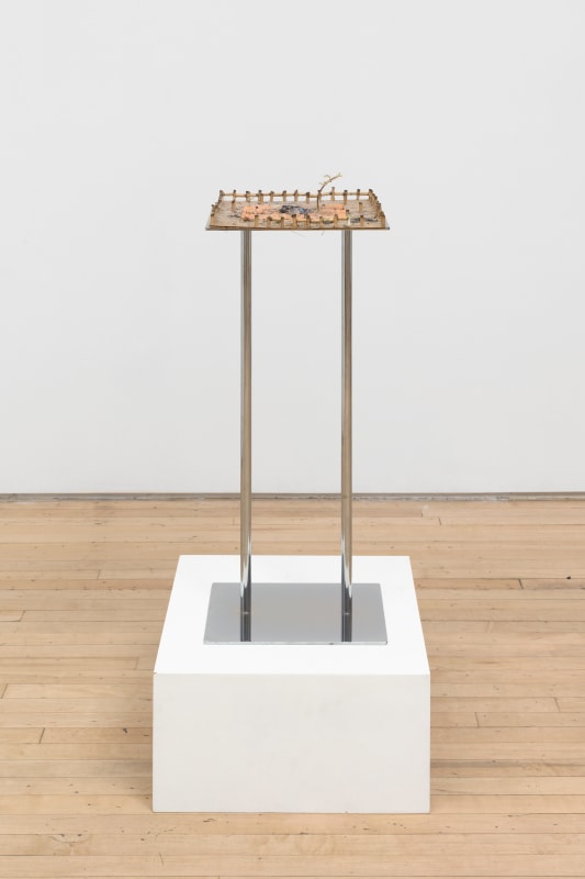JPW3, &quot;Burr St.&quot;, 2025, paper, glue, ash, marijuana, steel, wood, grass, tobacco, cardboard, 34 5/8 x 14 x 13 in (87.9 x 35.6 x 33 cm)