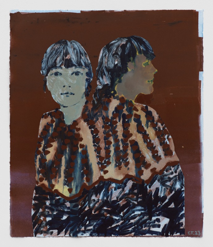 Claire Tabouret, Transformation Self-portrait (brown), 2023, acrylic and ink on paper, 26 1/4 x 22 in (66.7 x 55.9 cm)