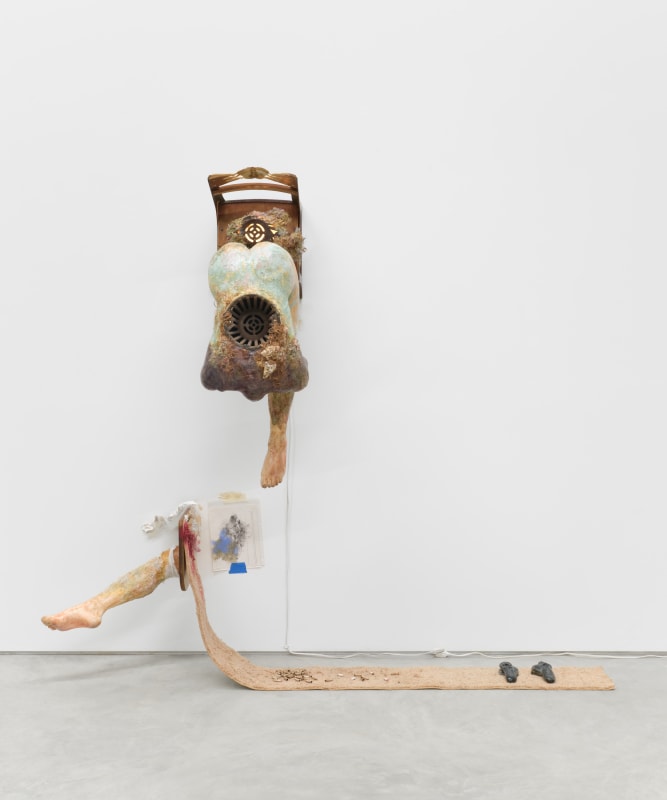 Cato Ouyang, &quot;risk assessment (fugue state / : h** volant touch.)&quot;, 2020-2021, school desk, iron drains, paper pulp, wood, turtle carapace, plaster, epoxy clay, acrylic paint, beeswax, horse hair, fabric, resin, gauze, carpet, light, graphite, digital print on paper, document sleeve, 75 x 70 x 30 in (190.5 x 177.8 x 76.2 cm)