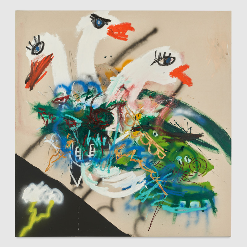 Robert Nava, &quot;Forgiveness Swan&quot;, 2024, oil, acrylic, and grease pencil on canvas, 75 x 72 in (190.5 x 182.9 cm)