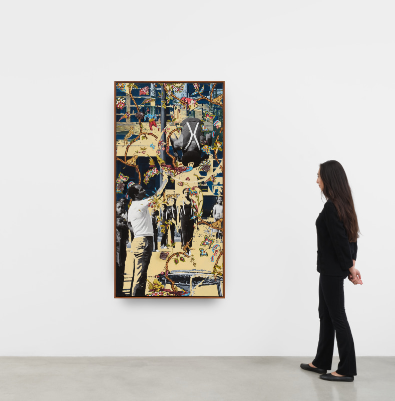 LaRissa Rogers, &quot;A hope that never changes (caught up) with The Jesse White Tumblers&quot;, 2025, digital print, acrylic, glazed porcelain, monoprint, and walnut frame, 60 3/4 x 31 in (154.3 x 78.7 cm)