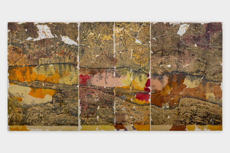 Doro Gorge, 2017, wax, ink, enamel, marker, and newsprint on canvas, triptych,&nbsp;96 x 216 in. (243.8 x 548.6 cm)