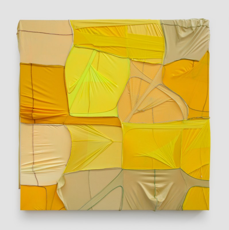 CAMOUFLAGE #076 (Kraft), 2021,&nbsp;durags and acrylic on wood panel,&nbsp;48 x 48 in (121.9 x 121.9 cm)