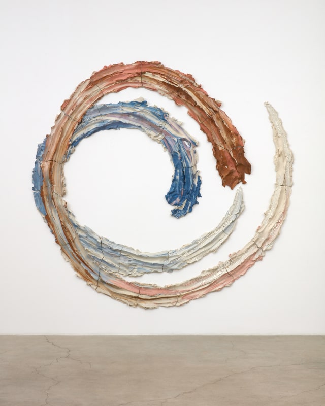 Brie Ruais, &quot;Enveloping, Merging, and Expanding, two times 130 lbs,&quot; 2020, glazed and pigmented stoneware, hardware,&nbsp;99 x 104 x 3 in (251.5 x 264.2 x 7.6 cm)