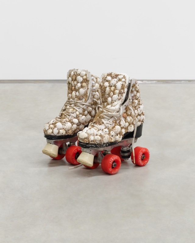 Cato Ouyang, &quot;untitled&quot;, 2018, seashells, polymer glue, found roller skates, chia seeds, 11 1/2 x 9 x 7 1/2 in (29.2 x 22.9 x 19.1 cm)