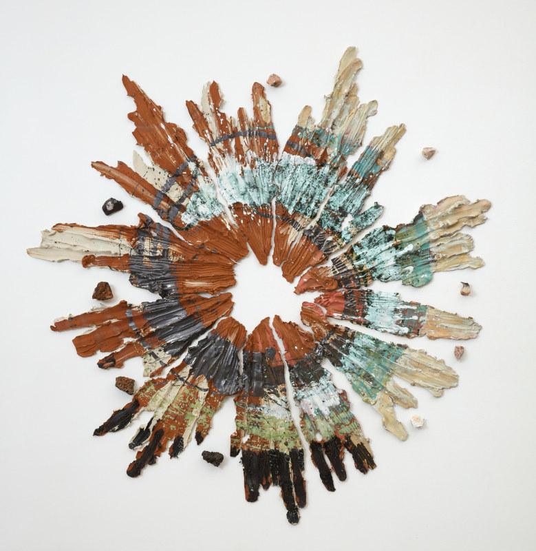 Brie Ruais, &quot;Expanding, Circling, Protecting, 127lbs,&quot; 2020, glazed and pigmented stoneware, found rocks, hardware, 104 x 100 x 3 1/2 in (264.2 x 254 x 8.9 cm)
