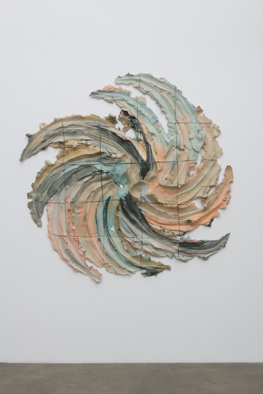 Brie Ruais, &quot;Spreading out from Center turning Left, 135 lbs (Widening Gyre),&quot; 2018, pigmented stoneware, transparent glaze, hardware, 60 x 64 x 3 1/2 in (152.40 x 162.56 x 8.89 cm)